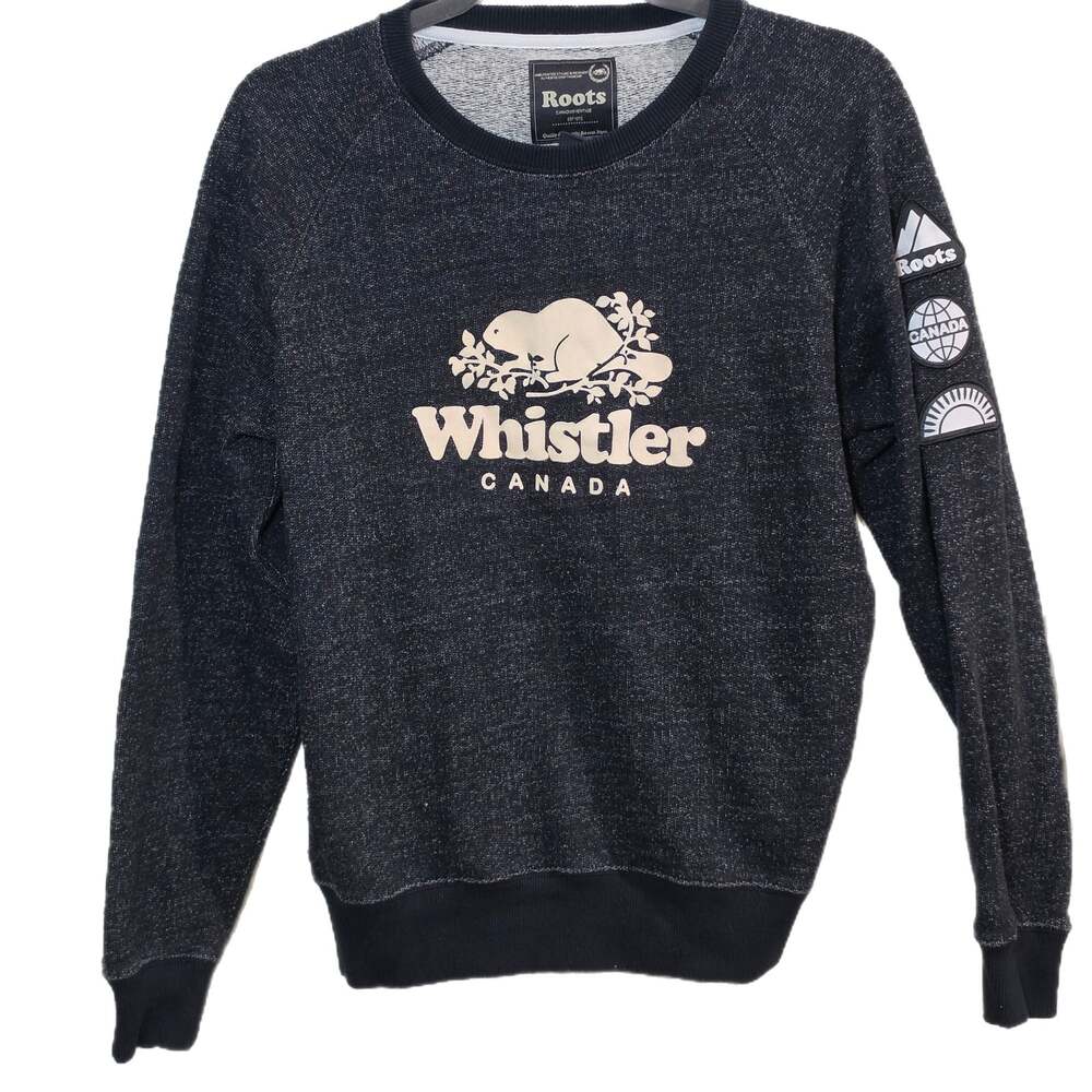 Roots Canada Whistler Crewneck Sweatshirt Beaver Graphic Womens M Gray Black